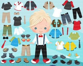 Paper doll clipart, Little Boys Dressing Party Graphics. Cute Characters, black. Party invitations, planner graphics, spring outfits
