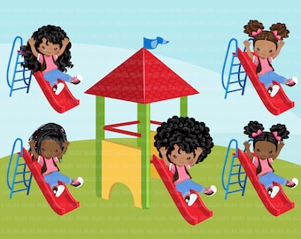 Playground Clipart, black girl on slide, outdoors park slide graphics, kindergarten, first grade, school Sublimation Designs Png clip art