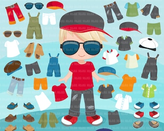 Paper doll clipart, Little Boys Dressing Party Graphics. Cute Characters, black. Party invitations, planner graphics, summer outfits