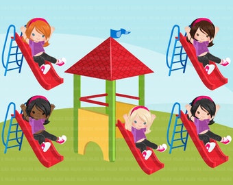 Playground Clipart, girl on slide, outdoors park slide graphics, kindergarten, first grade, school Sublimation Designs Png clip art