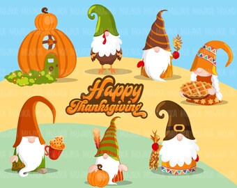 Thanksgiving gnomes Clipart, Scandinavian Gnome graphics, pumpkin, gobble gobble cute characters clip art