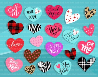 Valentine Hearts Clipart, Love Quotes, zebra, plaid, leopard, polka dots pattern heart graphics Valentine's Day Sublimation Designs clip art