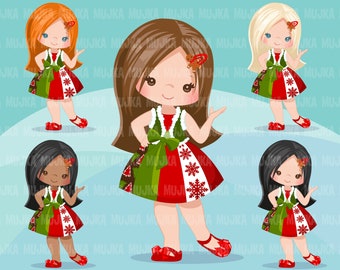 Christmas Clipart, little girl christmas outfit, Noel graphics, Holiday characters, png sublimation digital clip art