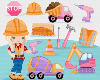 Construction Clipart, Little girl contractor, hard hat, dump truck, crane, excavator, bulldozer vehicle, tools, drill, safety jacket