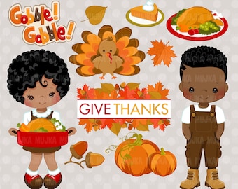Thanksgiving Clipart. Gobble gobble Turkey black kids, apple pie, fall leaves, pumpkins, give thanks Afro graphics