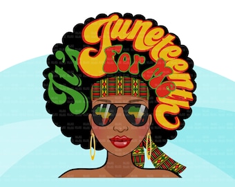 May include: A digital illustration of a Black woman with an afro hairstyle. The afro is decorated with the words "It's Juneteenth For Me" in yellow, green, and red. The woman is wearing sunglasses with a reflection of the African continent, a red headband with a green, yellow, and red pattern, and a matching scarf.
