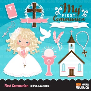 Erstkommunion Clipart für Mädchen. Niedliche Charaktere, Grafik, Bibel, Kirche, Rosenkranz, Banner, heilig, religiös, Kreuz, Einladung Aufkleber