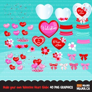 Machen Sie Ihr eigenes Valentinstag Herz Globus Clipart. Valentinstag Herz Illustration, Liebe, Globus, Schleife, Blumengrafik Kommerzielle Nutzung Clip Art