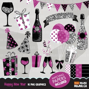 Party clipart Celebration graphics, Silver Glitter Gift boxes, balloons, banners, ribbon, confetti, digital papers image 1