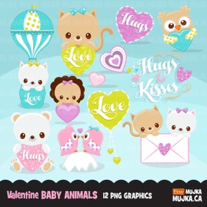 Clipart mignon bébé animaux pour la Saint-Valentin avec bébé hibou, bébés chatons, bébé ours en peluche, coeurs roses, câlins et bisous, graphiques de bébé oiseau !