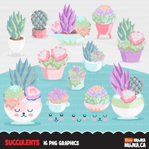 Clipart suculento. Plantas fofas e vasos, plantas floridas para sobremesas, Dia das Mães, itens para impressão de festas, bordados digitalizados,