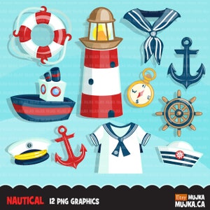 Nautische Cliparts. Matrosenmütze, Segelboot, Kapitän, Kompass, Anker, Leuchtturm, Rettungsring Grafik. Sublimationsdesigns Segeln Clip Art