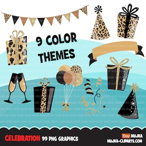 Clipart célébration, graphismes de fête, coffrets cadeaux, ballons, paillettes d'argent doré, clipart Noël png, graphismes pour sublimation à usage commercial