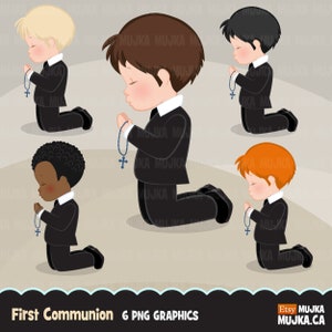 Clipart Primera Comunión para Niños. Personajes, gráficos, niños orando, santo, invitaciones, planificador, stickers, religioso, ilustración, traje