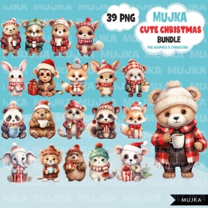 Aquarell Weihnachten Tiere Png Bundle, Cute Noel Designs, Rentier, Fuchs, Bär, Elefant, Schwein, Kaffee, Santa, Waldtiere Clipart