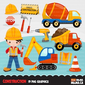 Baustelle Clipart. Kleiner Junge Bauunternehmer, Schutzhelm, Kipplaster, Kran, Bagger, Bulldozer, Werkzeug, Bohrer, Sicherheitsweste