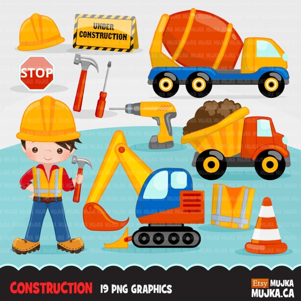 Construction Clipart. Little Boy contractor Graphics, hard hat, dump truck, crane, excavator, bulldozer vehicle, tools, drill, safety jacket