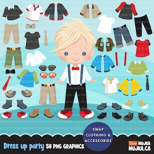 Papierpuppe Clipart, Little Boys Dressing Party Grafiken. Niedliche Figuren, schwarz. Party Einladungen, Planer Grafiken, Frühlingsoutfits
