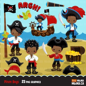 Clipart pirata. Piratas, navios e ilha do tesouro. Capitão, baú, ilha, navio pirata, bandeira, marinheiro, crianças piratas, papagaio, preto