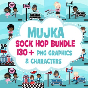 Sock Hop Clipart Bundle, grasso, Pink Ladies, diner, Cadillac, jukebox che balla bambini clip art Sublimation Designs grafica