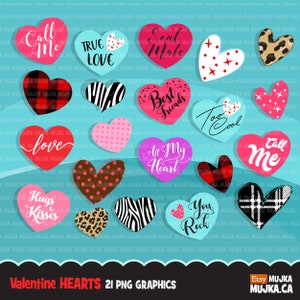Valentine Herzen Clipart, Liebe Zitate, Zebra, Plaid, Leopard, Tupfen Muster Herz Grafiken Valentinstag Sublimation Designs Clip Art