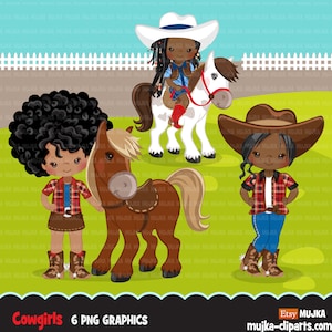 Cowgirl afro avec des cliparts de cheval, graphiques de ferme de pays de caractères de fermier, clipart de fille de Far West occidental