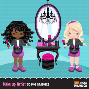 Make-up Artist Clipart. Schönheitssalon Grafiken, Make Up, professionelle Charaktere. Geburtstagsparty, Puder, Spiegel, Rouge, Lippenstift Werbung