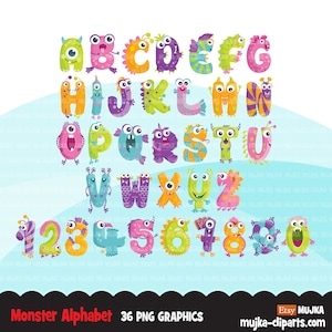 Monster Alphabet Cliparts, Geburtstag, Junge Mädchen und Babyparty Buchstaben und Zahlen, PNG Grafiken