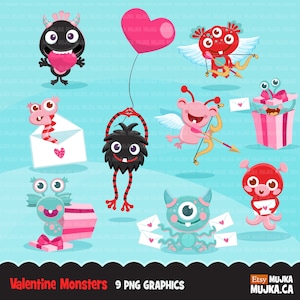 Valentinstag Monsters Clipart. Valentinstag Tier Illustration, Amor, rosa Herzen, Liebe, Schleife, Ballon Grafik Kommerzielle Nutzung Clip Art