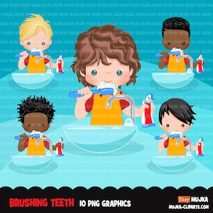 Bathroom Chores Clipart, little boys, black boys brushing teeth, hygiene, healthy life style graphics, Png digital clip art