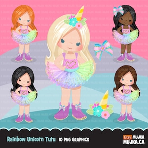レインボーユニコーンチュチュクリップアート。かわいいチュチュを着た女の子のモダンな衣装、おしゃれな子供、商用利用のクリップアート、ユニコーンのヘッドピース、誕生日の花
