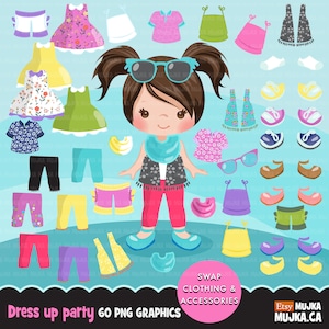 Papierpuppe Clipart, kleine Mädchen Dressing Party Grafiken. Niedliche Figuren, schwarz. Partyeinladungen, Planergrafiken, Outfits
