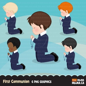 Clipart première communion pour garçons. Personnages, graphiques, garçon qui prie, saint, invitations, agenda, autocollants, religieux, illustration, clipart