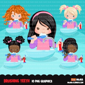 Bathroom Chores Clipart, little girls, black girls brushing teeth, hygiene, healthy life style graphics, Png digital clip art