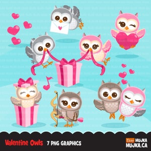 Clipart hiboux de la Saint-Valentin. Illustration d'un animal pour la Saint-Valentin, Cupidon, coeurs roses, amour, ruban, ballon, clipart Sublimation Designs