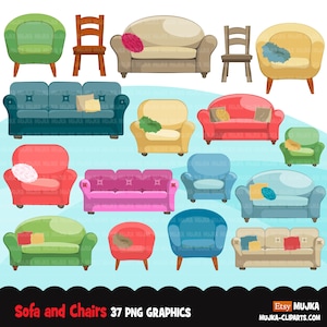 Sofa und Sessel Clipart, niedliche Möbel, Lounge Stuhl, Kissen, Kissen und Sofas Grafiken Sublimation Designs PNG Clip Art