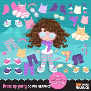 Clipart de poupée de papier. Déguisements pour petite fille, personnages mignons, noir. Invitations à des fêtes, graphiques d'agenda, tenues