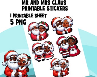 Pegatinas navideñas de Santa negro, Navidad imprimible, pegatinas digitales afroamericanas de la Sra. Claus, imágenes prediseñadas de Santa, PNG de Santa, lindo arte Kawaii