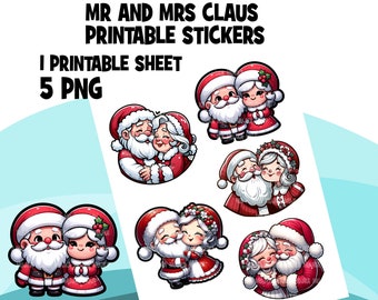 Pegatinas de Navidad de Santa, etiquetas navideñas imprimibles, pegatinas digitales de la Sra. Claus, imágenes prediseñadas de Santa, PNG de Santa, arte Kawaii lindo del Sr. Claus, noel