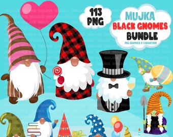 Paquete de imágenes prediseñadas de gnomos negros, Pascua, Día de San Patricio, Escuela. Gráficos de gnomos afroamericanos de Halloween Diseños de sublimación PNG clip art