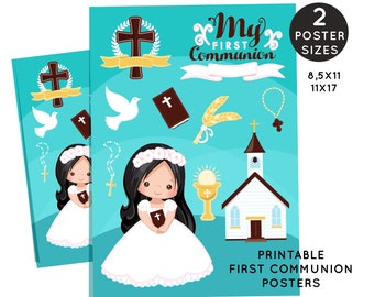 First Communion Poster, Printable Religious wall art, Card for girl, Cute holy communion bible, church, rosary, banner, cross and invitation