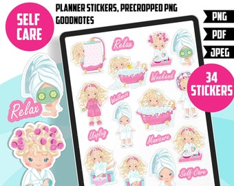 Digital Self Care stickers, Goodnotes stickers, planner stickers, png precropped stickers, printable  spa stickers, spa sublimation png