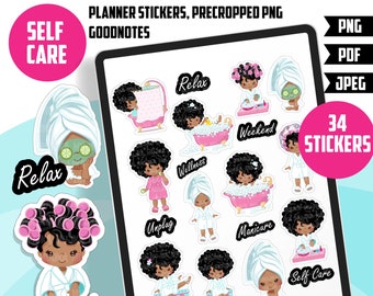 Black girl Self Care stickers, Goodnotes stickers, planner stickers, png precropped stickers, printable  spa stickers, spa sublimation png