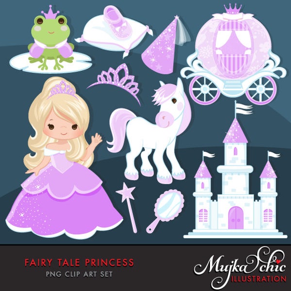 Fairy Tale Princess Clipart, purple. Fairy Tale characters, princess carriage, tiara, frog prince, princess castle, wand & mirror graphics.
