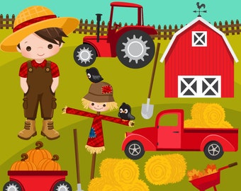 Farm clipart Fall Harvest. Cute farmer characters, tractor, red barn, haystacks, pick up truck, pumpkins, fall leaves and scarecrow graphics