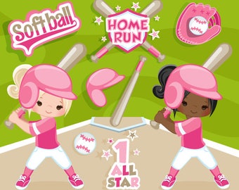 Softball Clipart. Pink Baseball graphics, baseball players, baseball game illustrations, kids playing baseball, home run, black