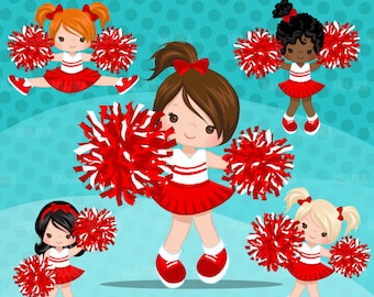 Cheerleader Clipart. Sports Graphics, cheerleader pom pom. Red white cheerleaders, baseball, football, illustration, basketball, commercial