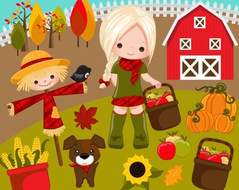 Farm clipart Fall at Backyard. Cute apple picker characters, scarecrow, red barn, pumpkins, fall leaves and trees,sunflower & corn basket