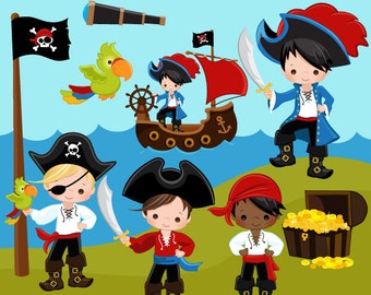 Pirate clipart. Pirates, Ships and Treasure Island Clipart. Captain, treasure chest, island, pirate ship, flag, sailors, pirate kids, parrot
