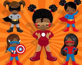 Superhero Clipart. Superhero Costumes - black Girls- Clipart – Superhero comic bubbles, splash background & cute characters.